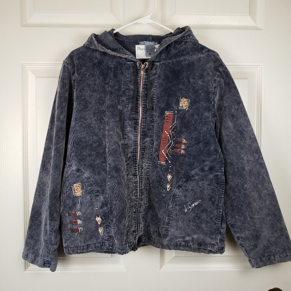 Phoenix Conexion Wearable Art Hand Painted Gray Corduroy Hooded Jacket. Size S